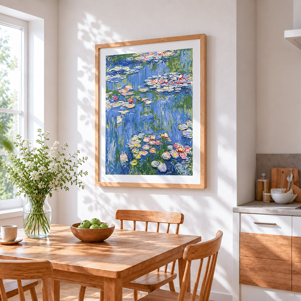 Monet style pink water lilies cross stitch artwork displayed on wall as home decor