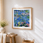 Monet style water lilies pond cross stitch artwork displayed on wall as home decor