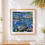 Finished monet style water lilies pond paint by numbers artwork displayed as home decor