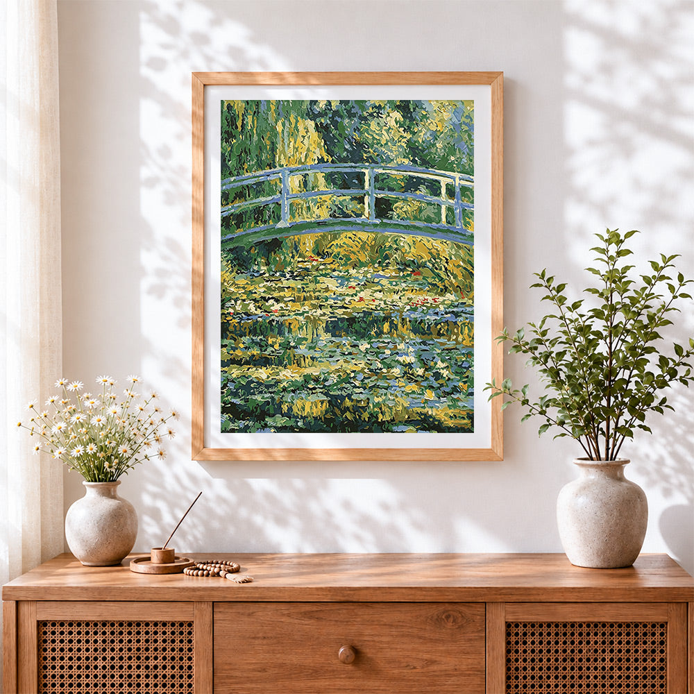 Finished monet style water lily pond and bridge paint by numbers artwork displayed as home decor