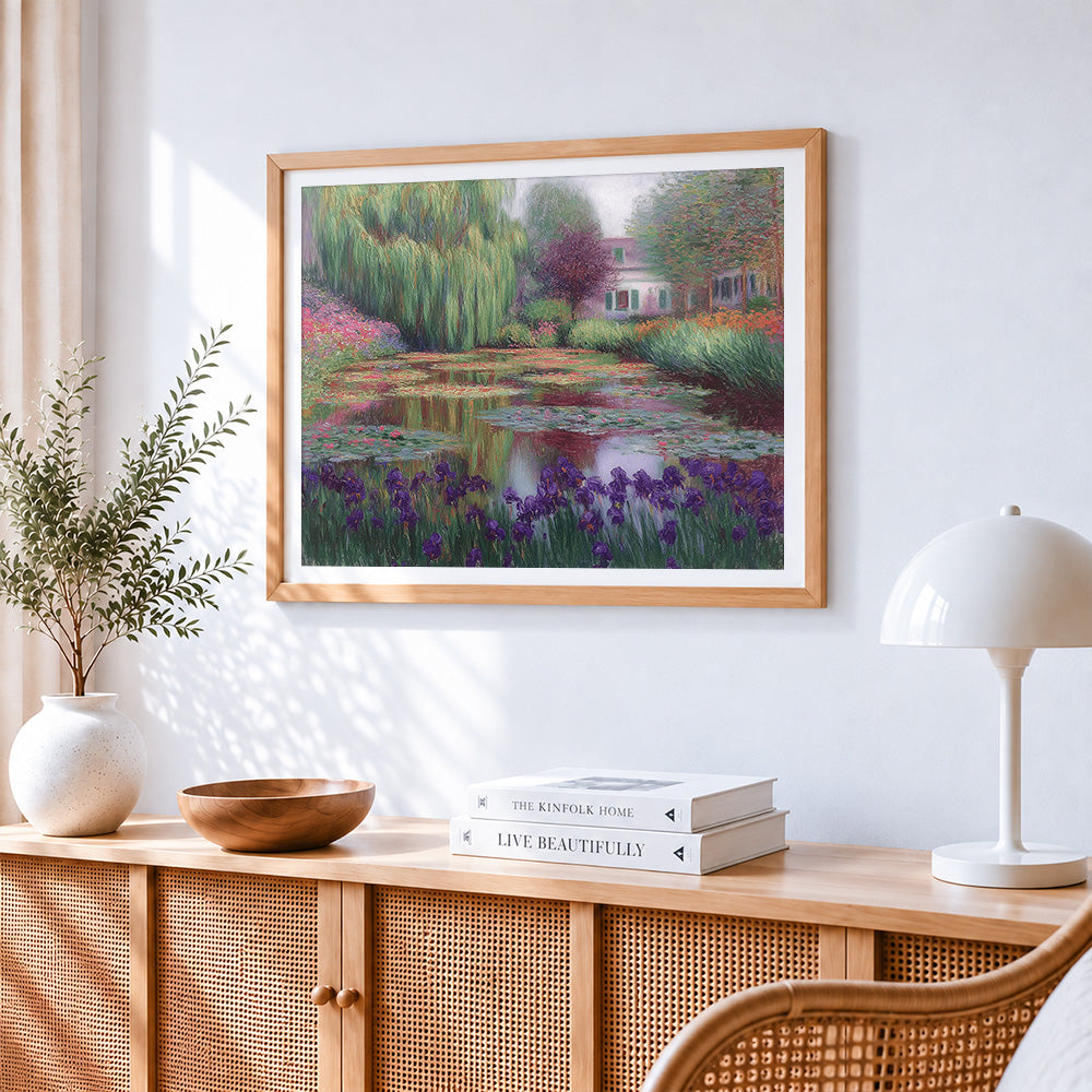 Monet style water lily pond cross stitch artwork displayed on wall as home decor