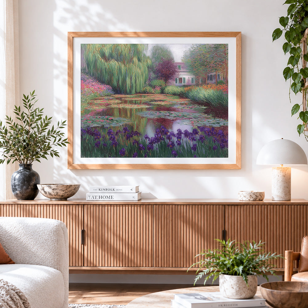 Finished monet style water lily pond paint by numbers artwork displayed as home decor