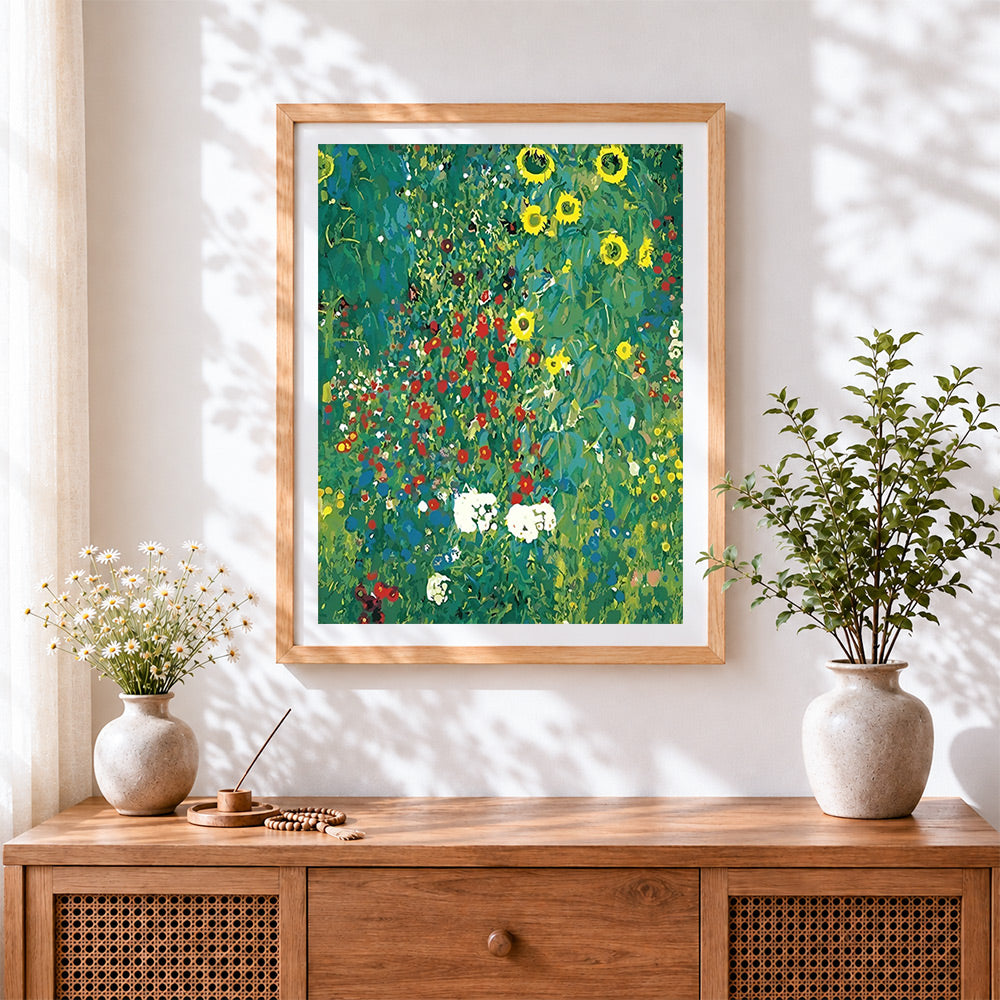 Finished monet style wildflower meadow cross stitch artwork displayed