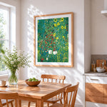 Monet style wildflower meadow cross stitch artwork displayed on wall as home decor