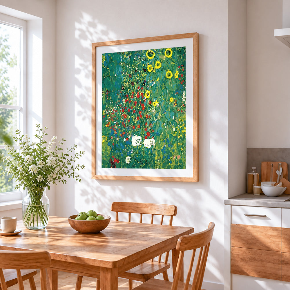 Monet style wildflower meadow cross stitch artwork displayed on wall as home decor