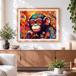 Finished monkey among pink flowers paint by numbers artwork displayed as home decor