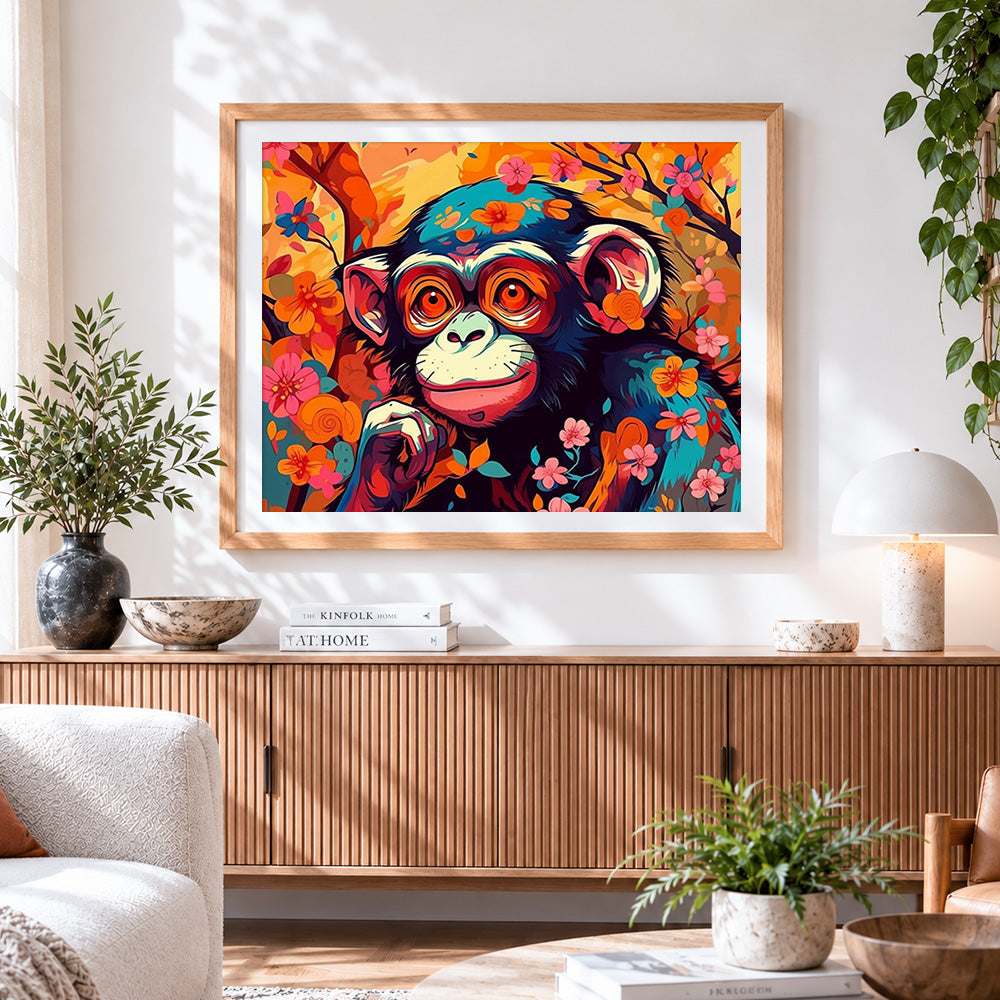 Finished monkey among pink flowers paint by numbers artwork displayed as home decor