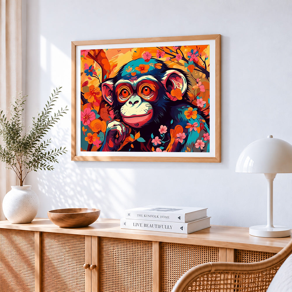 Monkey among pink flowers paint by numbers artwork displayed on wall as home decor