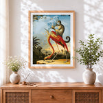 Finished monkey riding a flamingo cross stitch artwork displayed