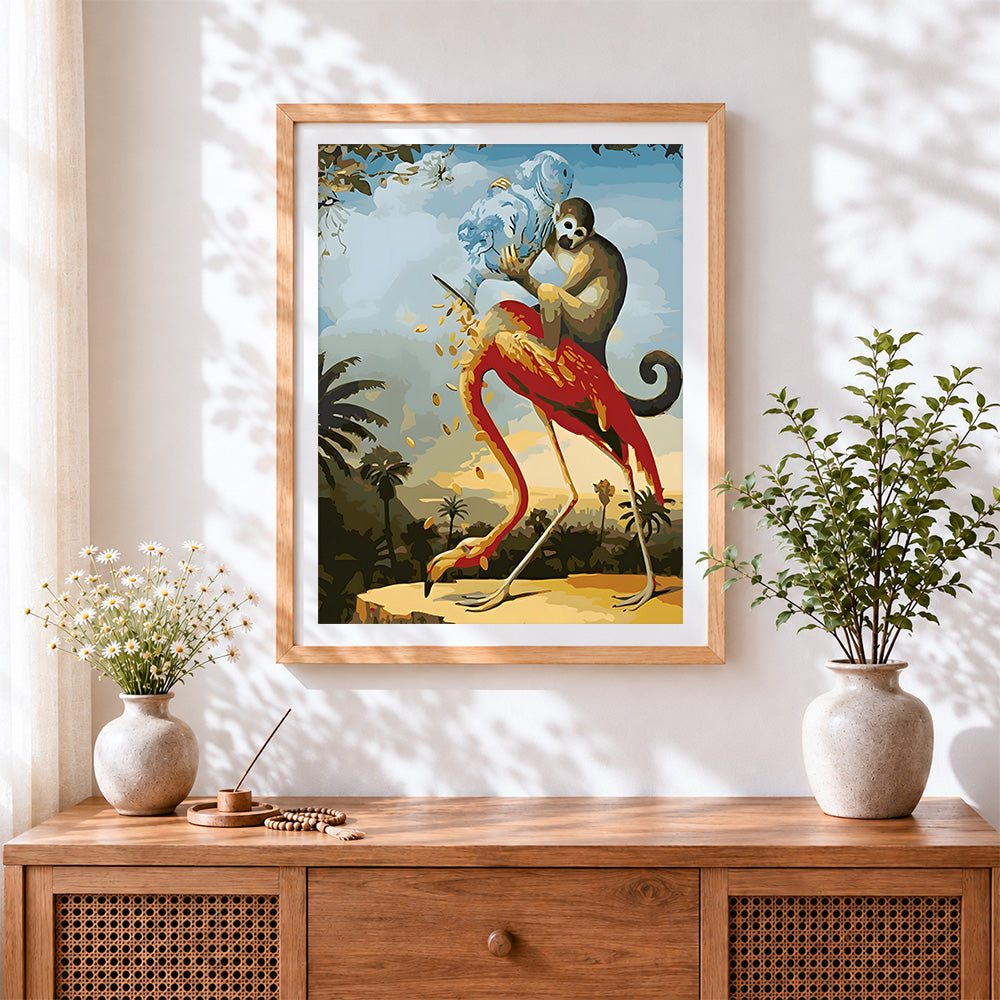 Finished monkey riding a flamingo cross stitch artwork displayed