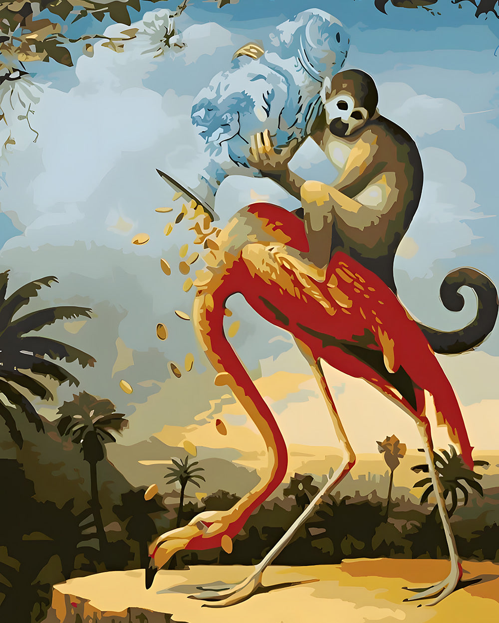 Monkey riding a flamingo cross stitch kit for beginners
