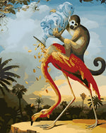 Monkey riding a flamingo cross stitch kit for beginners