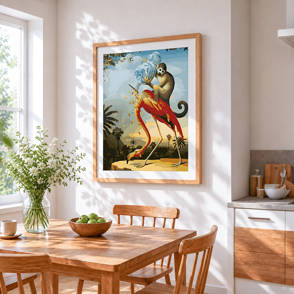 Monkey riding a flamingo cross stitch artwork displayed on wall as home decor