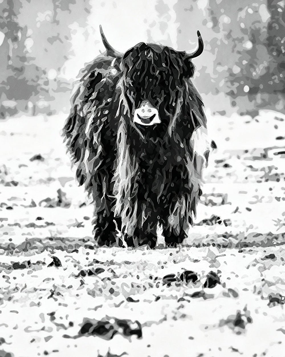 Monochrome highland cow in snow paint by numbers kit for beginners