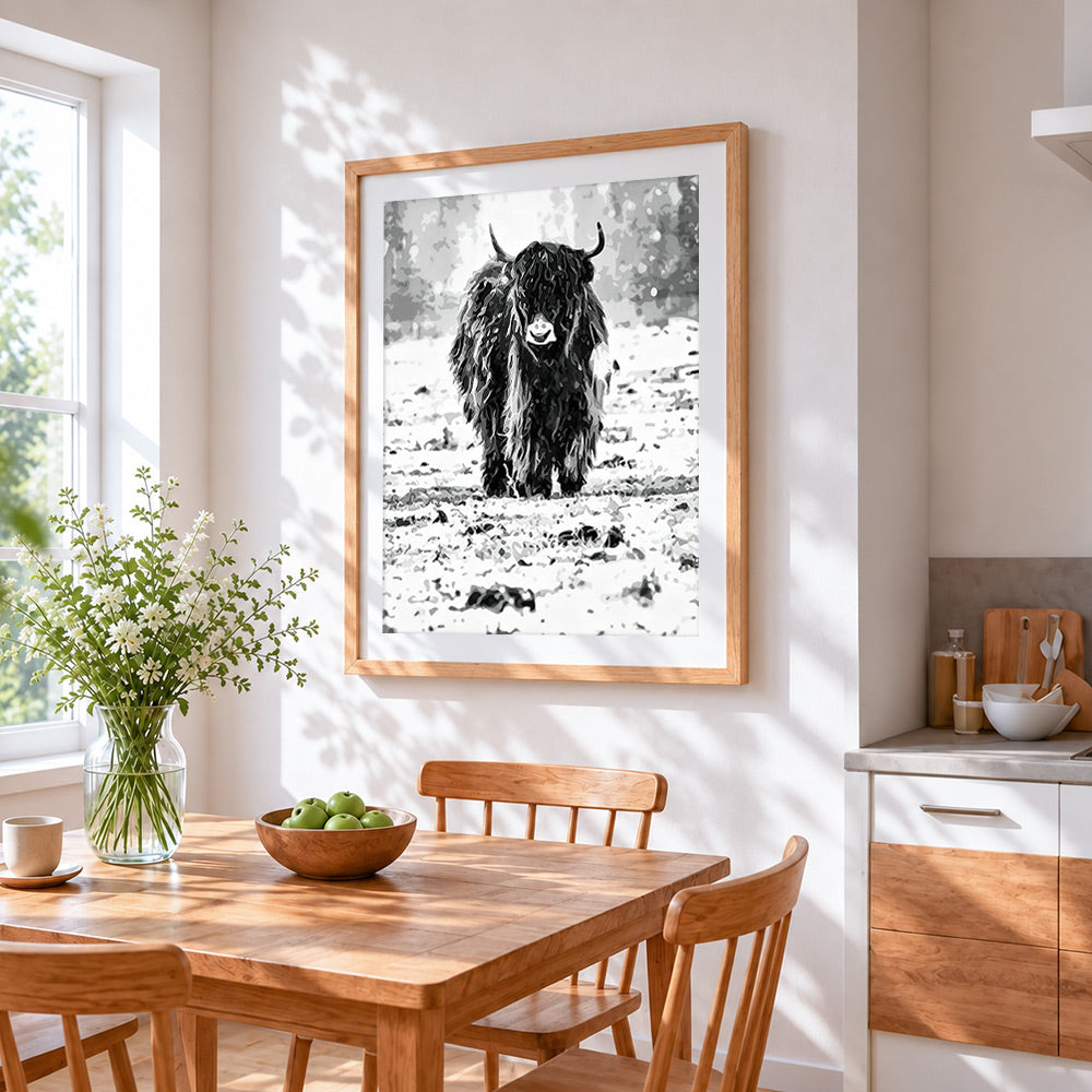 Monochrome highland cow in snow paint by numbers artwork displayed on wall as home decor
