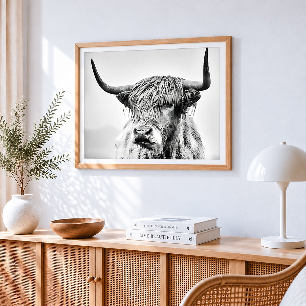 Monochrome highland cow portrait cross stitch artwork displayed on wall as home decor