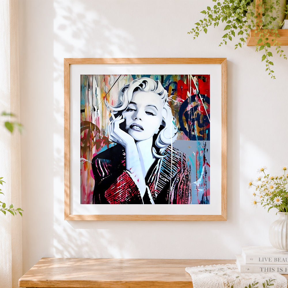 Finished monochrome marilyn monroe with graffiti paint by numbers artwork displayed as home decor