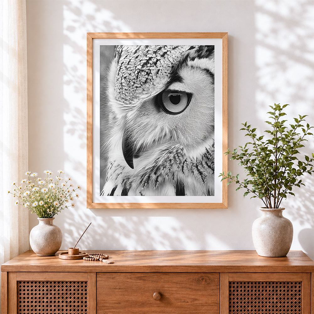 Finished monochrome owl eye close up cross stitch artwork displayed