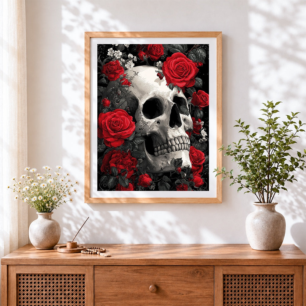 Finished monochrome skull with red roses cross stitch artwork displayed