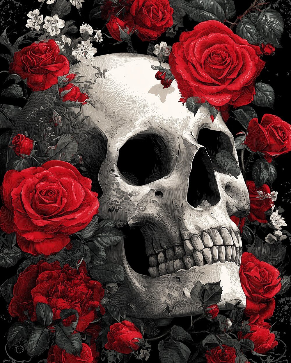 Monochrome skull with red roses cross stitch kit for beginners
