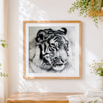 Finished monochrome white tiger portrait cross stitch artwork displayed