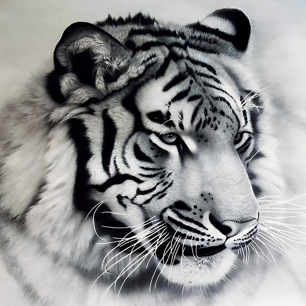 Monochrome white tiger portrait cross stitch kit for beginners