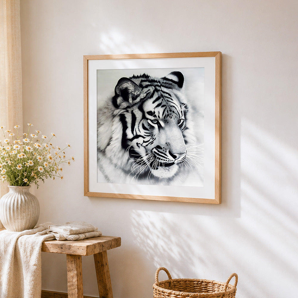 Monochrome white tiger portrait cross stitch artwork displayed on wall as home decor
