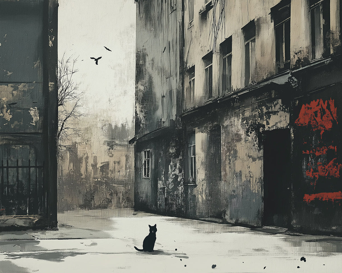 Moody monochrome street with cat cross stitch kit for beginners