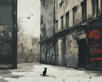 Moody monochrome street with cat cross stitch kit for beginners