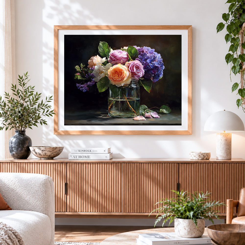 Finished moody roses and hydrangeas in glass vase paint by numbers artwork displayed as home decor