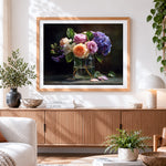 Finished moody roses and hydrangeas in glass vase paint by numbers artwork displayed as home decor