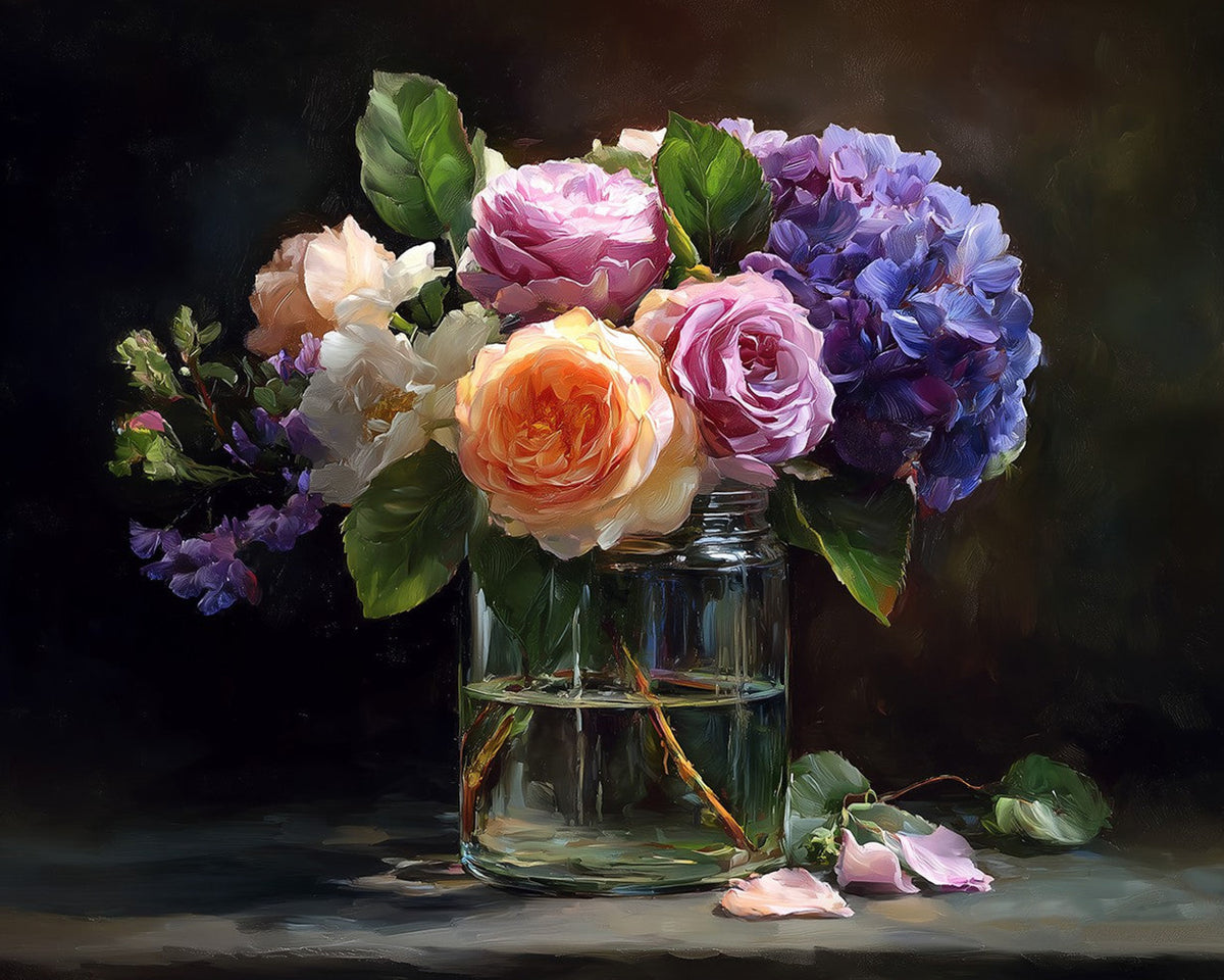 Moody roses and hydrangeas in glass vase paint by numbers kit for beginners