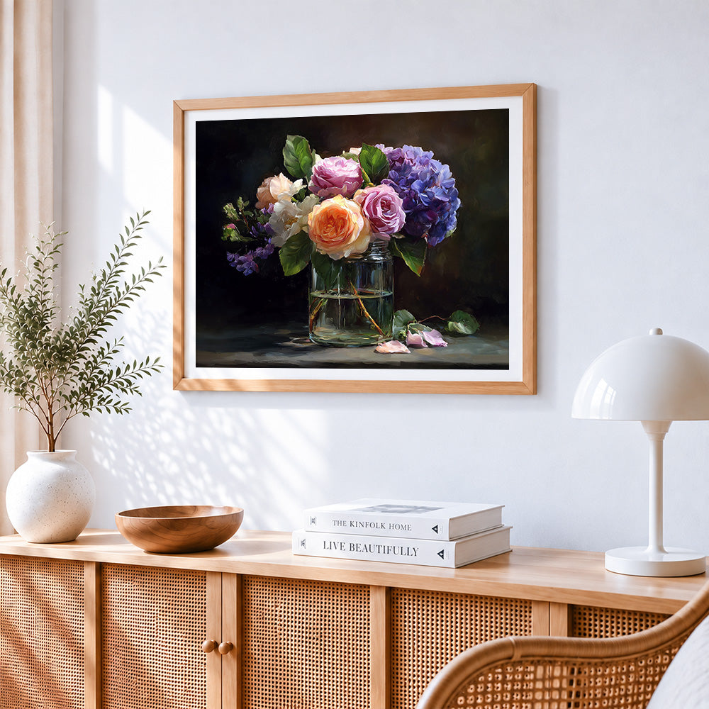 Moody roses and hydrangeas in glass vase paint by numbers artwork displayed on wall as home decor