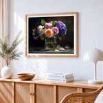 Moody roses and hydrangeas in glass vase paint by numbers artwork displayed on wall as home decor