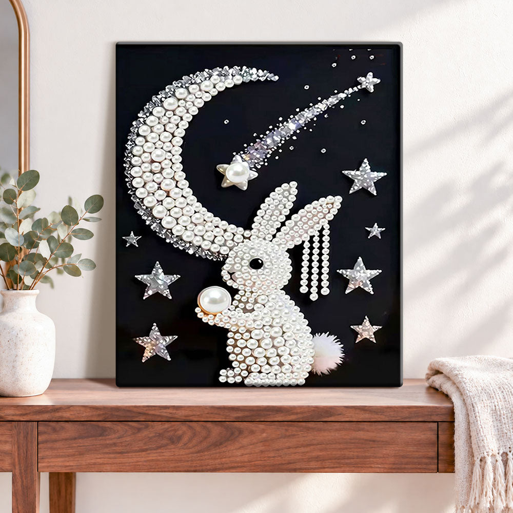 Finished moon bunny pearl diamond painting artwork displayed as home decor