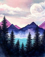 Moon over pine trees and mountains cross stitch kit for beginners