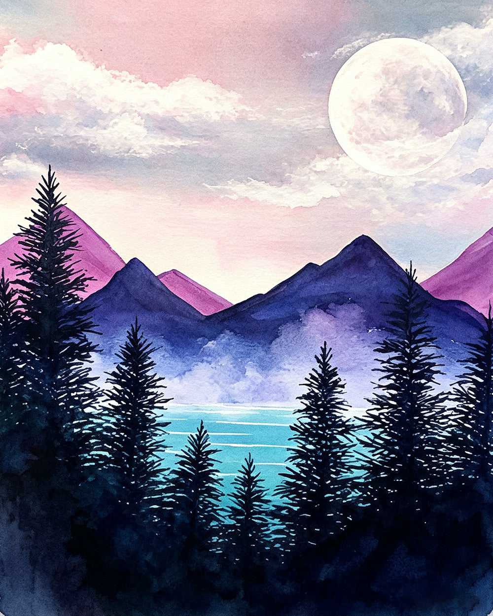 Moon over pine trees and mountains cross stitch kit for beginners