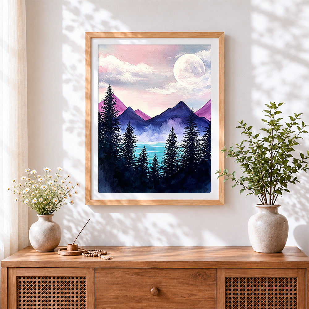 Finished moon over pine trees and mountains paint by numbers artwork displayed as home decor