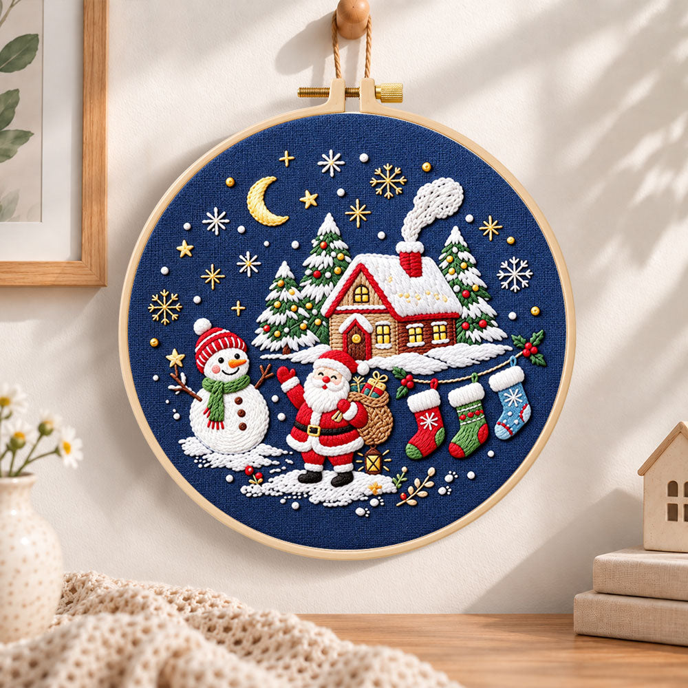 Moonlight christmas scene embroidery hoop wall art displayed as warm and cosy handmade home decor