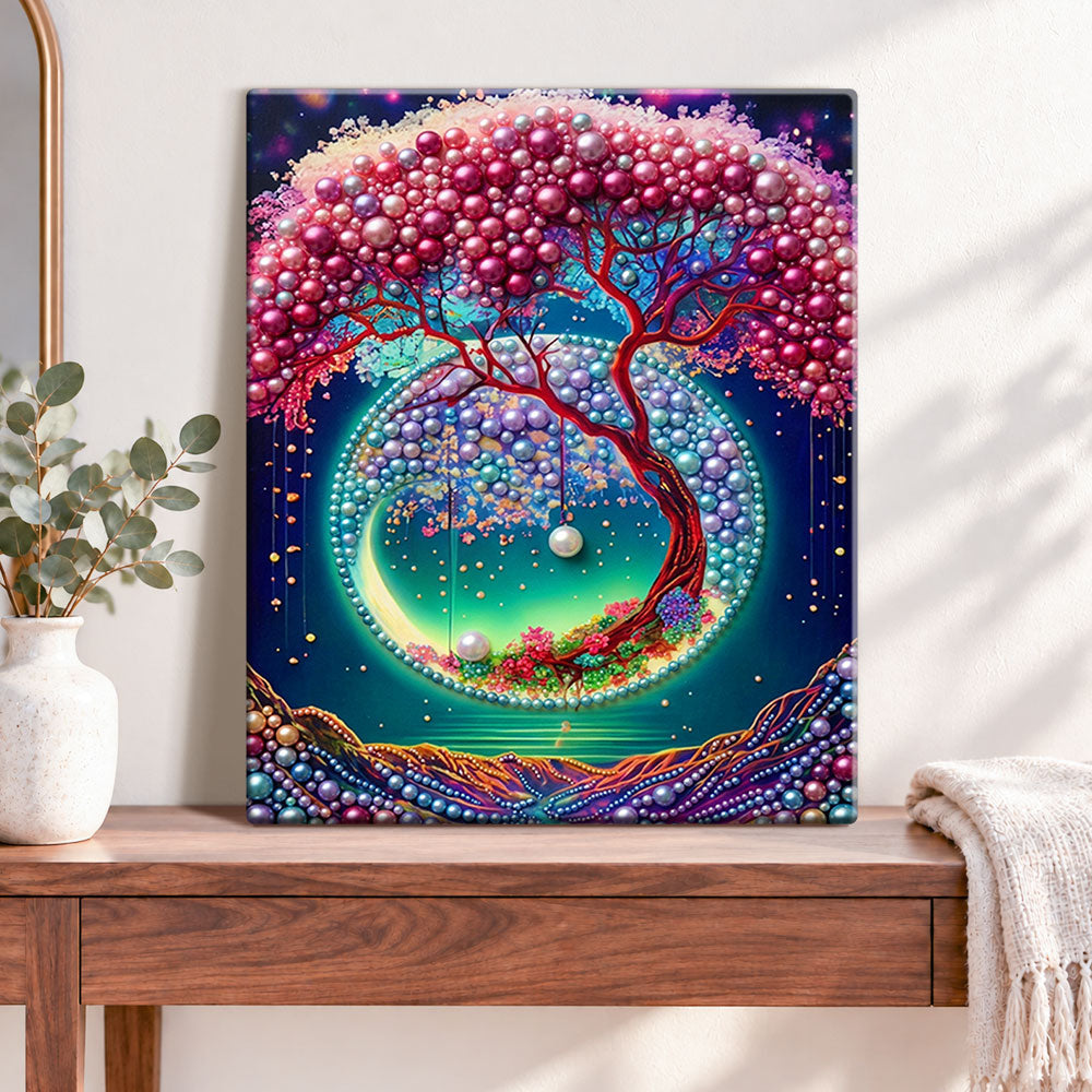Finished moonlit beaded tree pearl diamond painting artwork displayed as home decor
