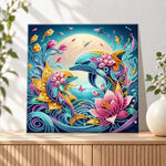 Finished moonlit dolphin fantasy pearl diamond painting artwork displayed as holiday home decor