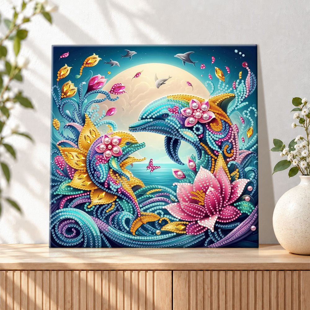 Finished moonlit dolphin fantasy pearl diamond painting artwork displayed as holiday home decor