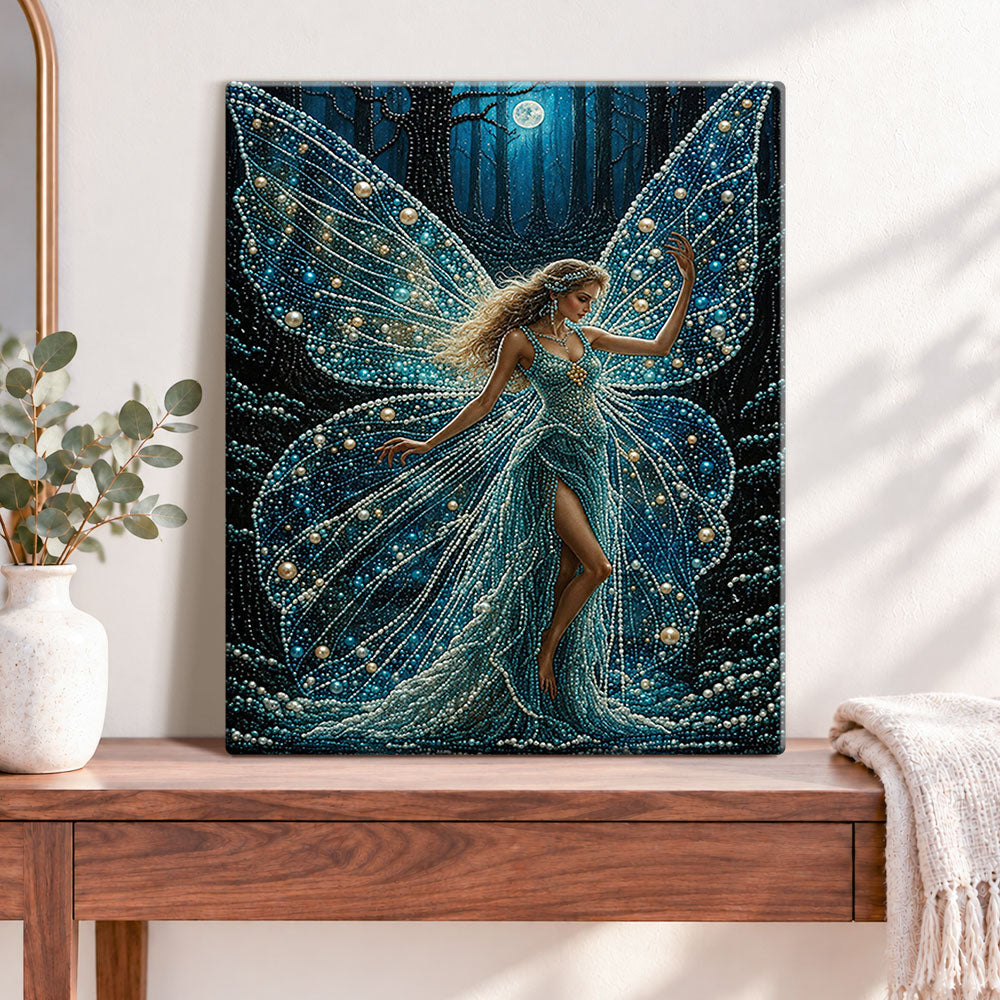 Finished moonlit forest fairy pearl diamond painting artwork displayed as home decor
