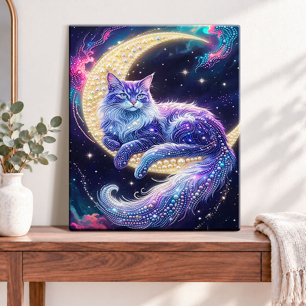 Finished moonlit galaxy feline pearl diamond painting artwork displayed as home decor