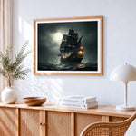 Moonlit ghost ship cross stitch artwork displayed on wall as home decor