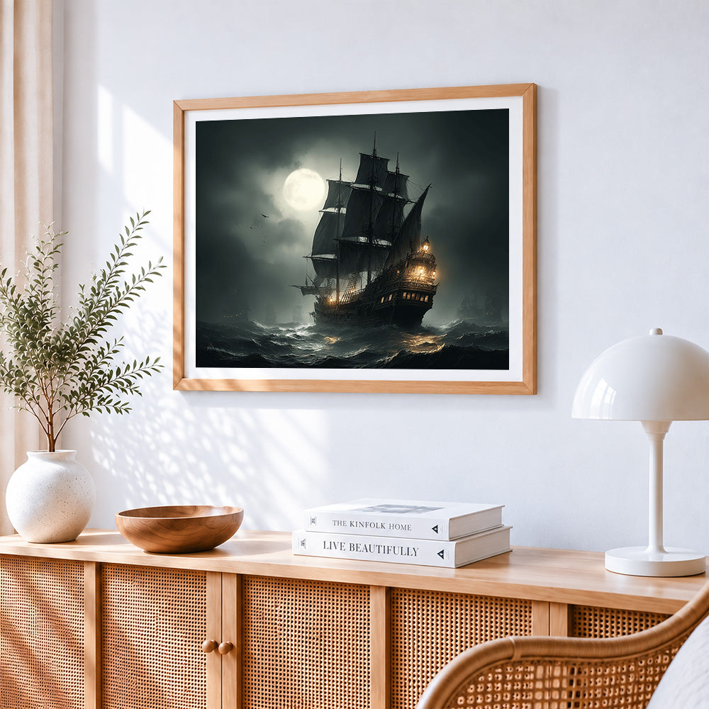 Moonlit ghost ship cross stitch artwork displayed on wall as home decor