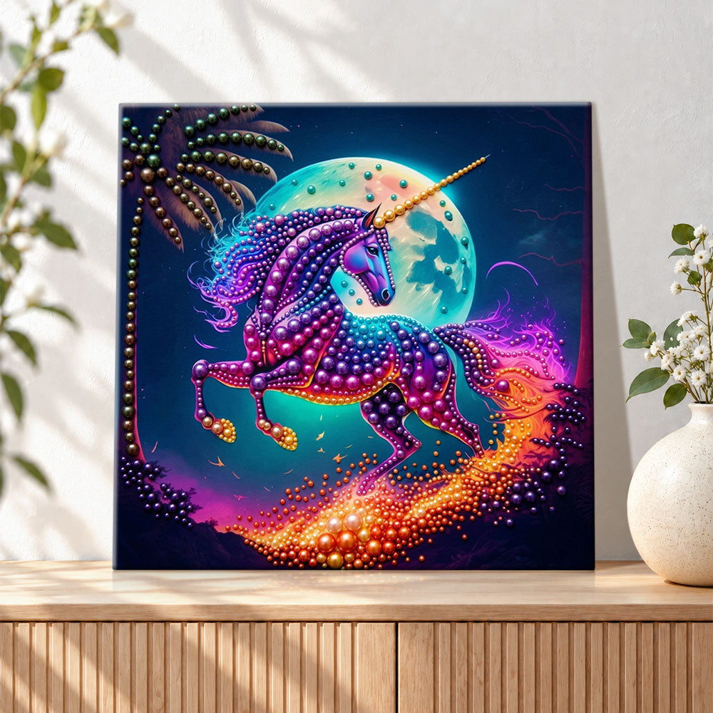 Finished moonlit neon unicorn pearl diamond painting artwork displayed as holiday home decor