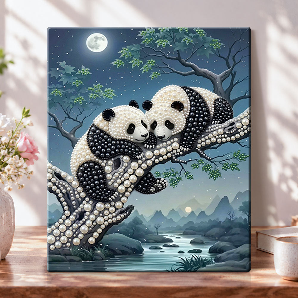 Moonlit panda pair pearl diamond painting kit for beginners