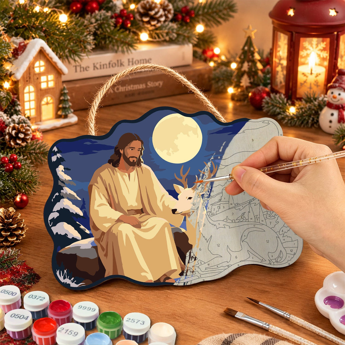 Moonlit peaceful moment paint by numbers door hanger painting process
