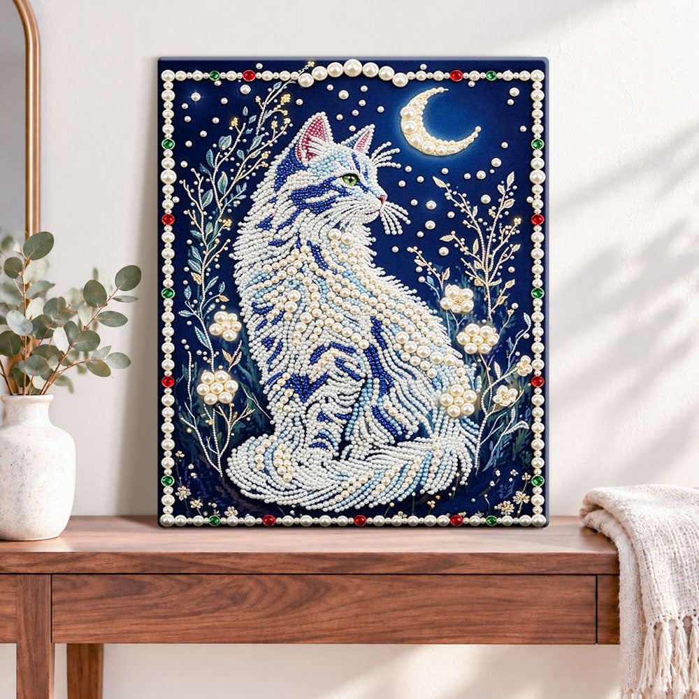 Finished moonlit pearl cat pearl diamond painting artwork displayed as home decor